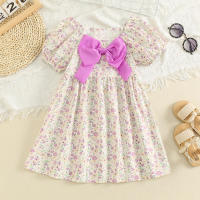 Toddler Girl Allover Floral Pattern Bowknot Decor Square Neck Short Puff Sleeve Dress  Purple