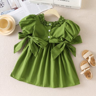 Girls Dress Summer Avocado Green Bow Puff Sleeve Style Dress