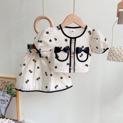 2-piece Toddler Girl Star Pattern Bowknot Decor Short Puff Sleeve Top & Matching Skirt