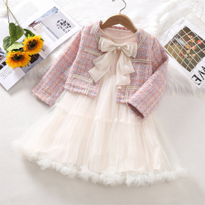 2-piece Toddler Girl Solid Color Mesh Patchwork Bowknot Decor Long Sleeve Dress & Houndstooth Bead Front Tweed Jacket
