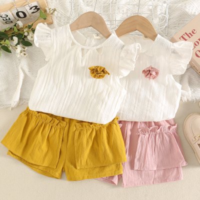2-teiliges Kleinkind-Mädchen, einfarbig, Blumendekor, Weste und Shorts mit Tasche vorne