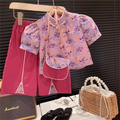 New summer girls' Chinese style stand-up collar bubble short-sleeved cheongsam top + wide-leg pants + bag three-piece set