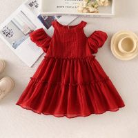 Toddler Girl Solid Color Dew Shoulder Halted Neck Sleeveless Dress  Red