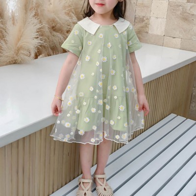 Summer Children's Printed Daisy Mesh Dress Short Sleeve Princess Dress