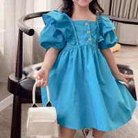 Summer girls' clothing puff sleeve princess dress summer style girl children's dress baby girl's dress  Blue