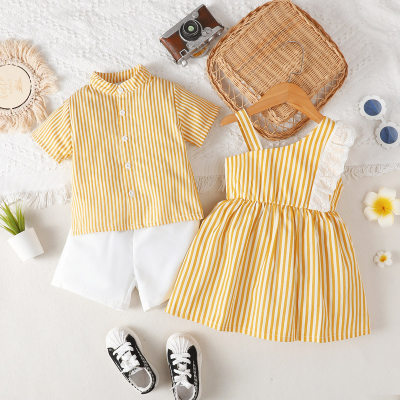 Brother and Sister Striped Short Sleeve Shirt & Solid Color Shorts & Striped Lace Spliced Dew Shoulder Dress