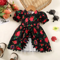 Baby Girl Allover Rose Printed Mesh Patchwork Short Puff Sleeve Dress  Black