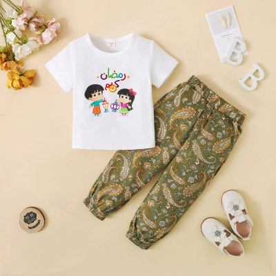 Camiseta de manga corta con estampado de letras y figuras de dibujos animados para niñas pequeñas de 2 piezas y pantalones con patrón de Paisley en toda la prenda