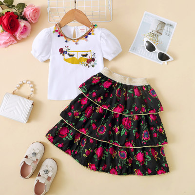 2-piece Toddler Girl Floral and Mask Printed Short Puff Sleeve Top & Ruffled Allover Floral Printed Dress