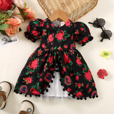 Baby Girl Allover Rose Printed Mesh Patchwork Short Puff Sleeve Dress