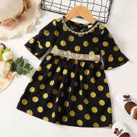 Baby Girl Gold Polka Dot Fabric Patchwork Sequin Webbing Dress  Black