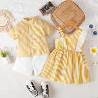 Brother and Sister Striped Short Sleeve Shirt & Solid Color Shorts & Striped Lace Spliced Dew Shoulder Dress  Yellow