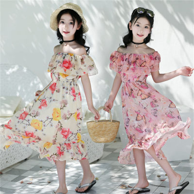 Girls chiffon dress mid-length beach dress for small to large children with off-shoulder floral print dress