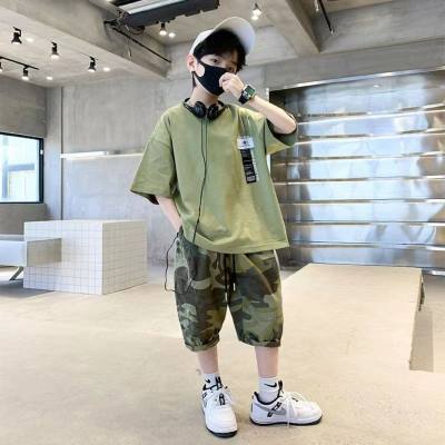 Boys summer thin camouflage sports suit summer new handsome middle and large children's T-shirt shorts two-piece suit