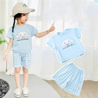 New summer cute cartoon library fashion plaid home two-piece suit  Light Blue