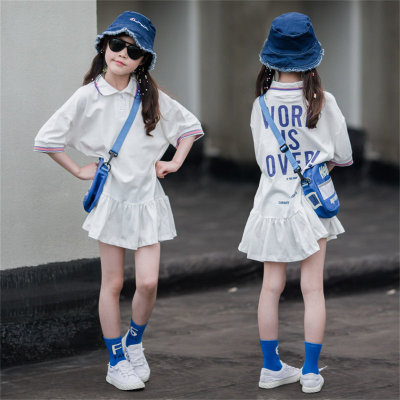 Girls dress casual mid-length 2022 summer new style medium and large children POLO lapel short-sleeved parent-child skirt cool and trendy
