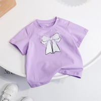 2024 new summer short-sleeved candy color fashionable simple bow short-sleeved sweet T-shirt for children  Light Purple