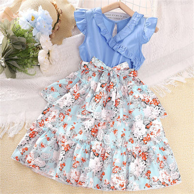 Summer new style girls' fashion flying sleeves butterfly print dress