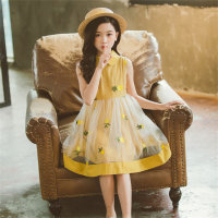 Novedad de verano para niñas, vestido elegante de estilo coreano con piña para niños, vestido de princesa, vestido de verano para niñas a la moda  Amarillo