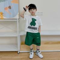 Boys summer plaid pants suits for medium and large children handsome cartoon T-shirts shorts two-piece suits trendy  Green