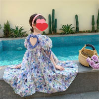 Girls' romantic backless dress, sweet and fashionable girl's floral short-sleeved princess dress  Light Blue