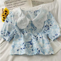 Camisa de manga abullonada floral con cuello de muñeca de verano para niñas  Azul claro