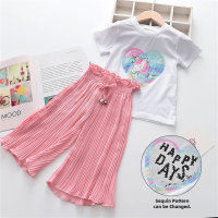 Verão meninas lantejoulas unicórnio manga curta top cor sólida calças largas, pacote com 2  Rosa