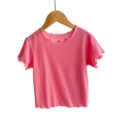 Korean version of girls summer candy color T-shirts for small and medium-sized children, ice silk lace short sleeves, versatile sisters, wooden ear edge tops
