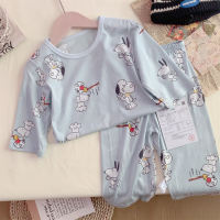 Children's suit summer thin mint 7-quarter sleeve full clothing boneless boys and girls home clothes air-conditioned clothes modal  Light Blue