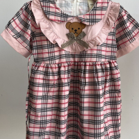 Summer new bear embroidery plaid girls dress fungus lace baby girl baby dress short sleeve skirt  Pink