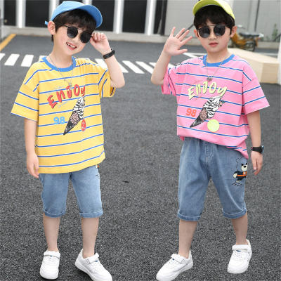 2-piece striped ice cream pattern T-shirt set for medium and large kids