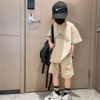Meninos americano rua terno 2023 verão novo médio e grande estilo infantil hip-hop moletom shorts terno de duas peças  Caqui