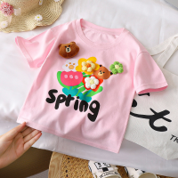 Kurzarm-T-Shirt für Mädchen aus reiner Baumwolle, süßes, vielseitiges, dreidimensionales T-Shirt mit kleinen Blumen und halblangen Ärmeln für Mädchen mit Bärenmotiv  Rosa