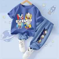 بدلة صيفية للأولاد تي شيرت قطني للأطفال بأكمام قصيرة ملابس رياضية للأولاد الصغار قميص صيفي سفلي  أزرق