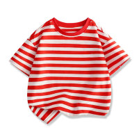 Boys summer clothing solid color short-sleeved T-shirt striped half-sleeved medium and large children  Red stripes