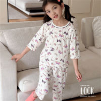 Children's summer pajamas suits for boys cartoon modal home clothes for girls three-quarter sleeves three-quarter pants air-conditioning clothes  Purple