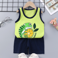 Children's summer vest suit new pure cotton Korean version boys short sleeves girls baby thin home clothes  Green
