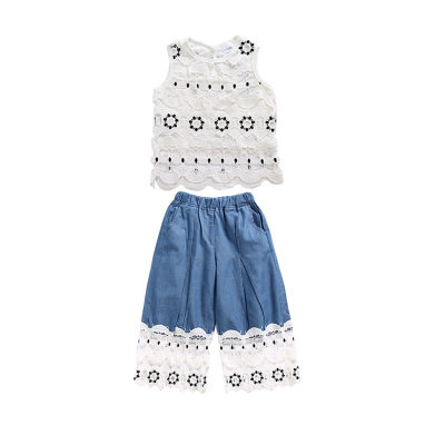 Girls suit 2024 summer new style medium and large children's denim wide-leg pants cross-border casual two-piece set summer trend