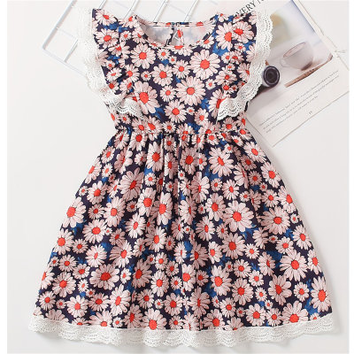 Vestido infantil de verano con encaje floral y mangas voladoras, falda bonita