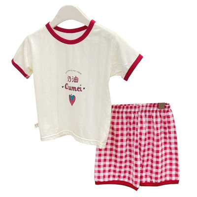 Conjunto de dos piezas de pijamas de traje de aire acondicionado para el hogar de manga tres cuartos de jacquard de malla de verano para niñas