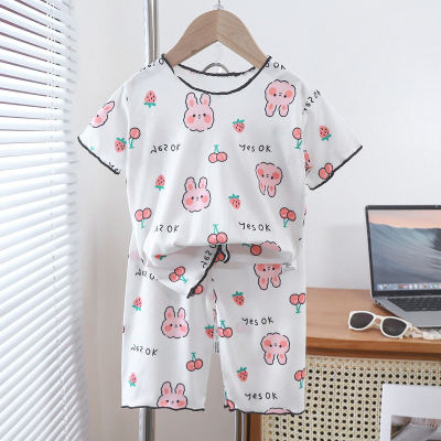 Girls' home clothes lace suit baby ice silk small floral summer clothes children's short-sleeved cropped pants pajamas air-conditioning clothes