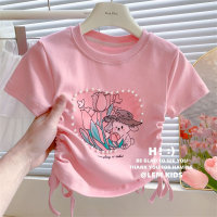 Camiseta de seda helada de media manga con cordón para niña, novedad de verano 24, camiseta de manga corta con dibujos animados de amor y perlas para niña  Rosado