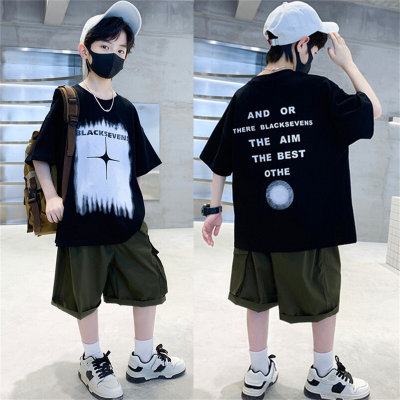 Boys English letter summer suit 2024 new style medium and large children's short-sleeved shorts casual trendy children's two-piece suit thin
