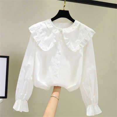 Camisa blanca de manga larga de estilo coreano para niñas, top con cuello de muñeca de encaje para niños