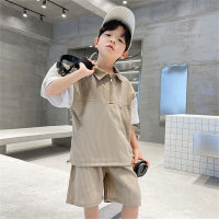 Boys' stand-up collar small stripe zipper suit summer children's clothing cool street short-sleeved two-piece suit  Khaki