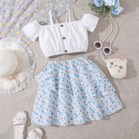ins two-piece splicing floral skirt suspenders one-shoulder short top girls suit  White