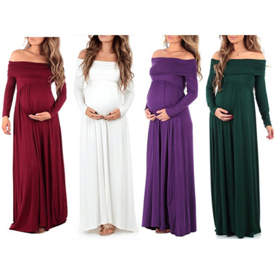 Solid Color Off Shoulder Long Sleeve Chiffon Gown