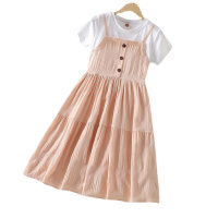 Vestido de princesa de verano para niños Versión coreana de la falda de manga corta para niños grandes, tendencia de vestidos de moda para estudiantes de primaria y secundaria para niñas  Rosado