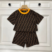 Children's clothing boys summer suits letters full print fashion 2 piece set  Coffee