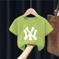 Boys and girls short-sleeved T-shirts 2024 summer children's middle and large children's summer tops fashionable round neck handsome children's clothing  Green